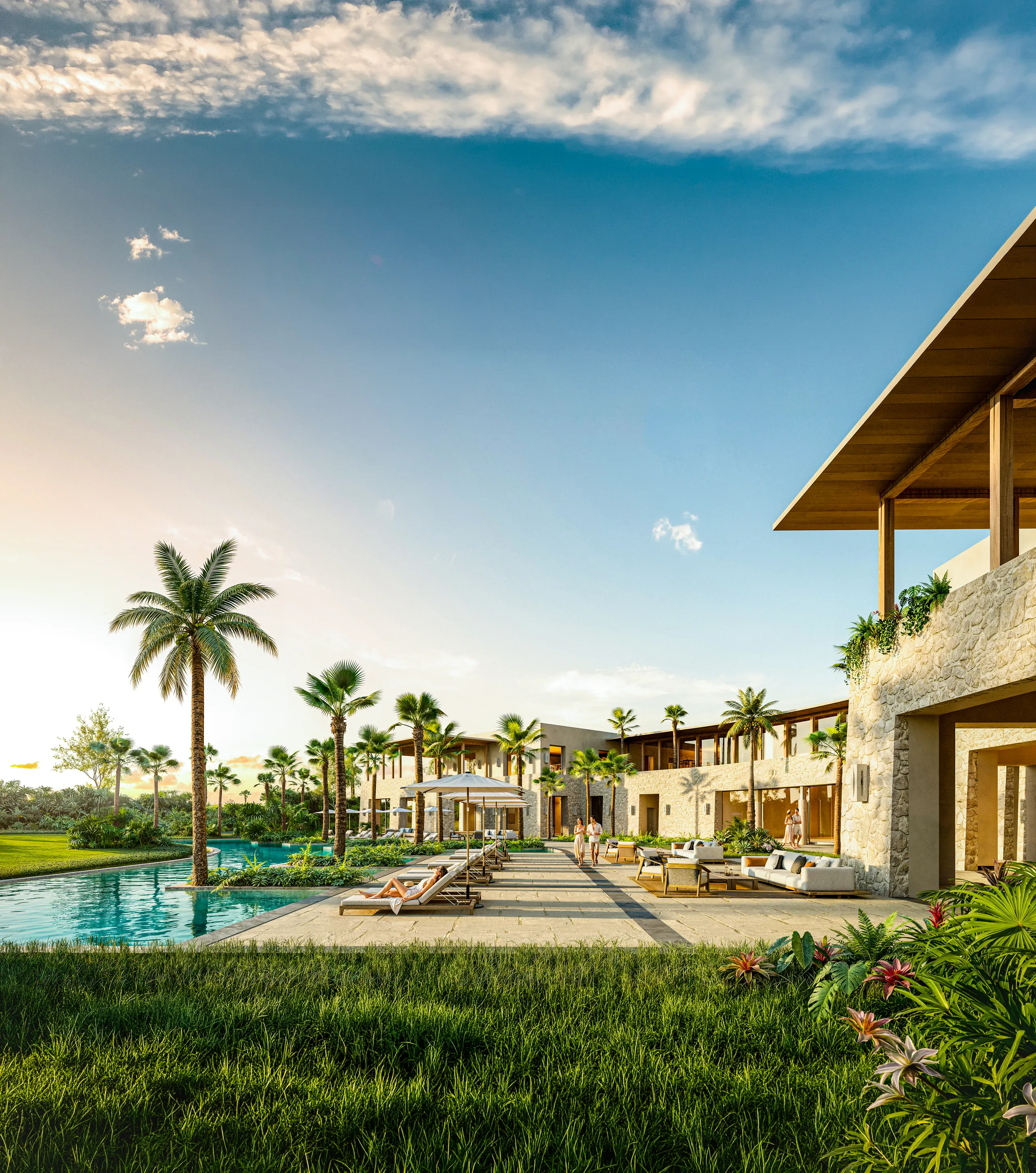Render oficial de la casa club y piscina de Country Lakes al atardecer