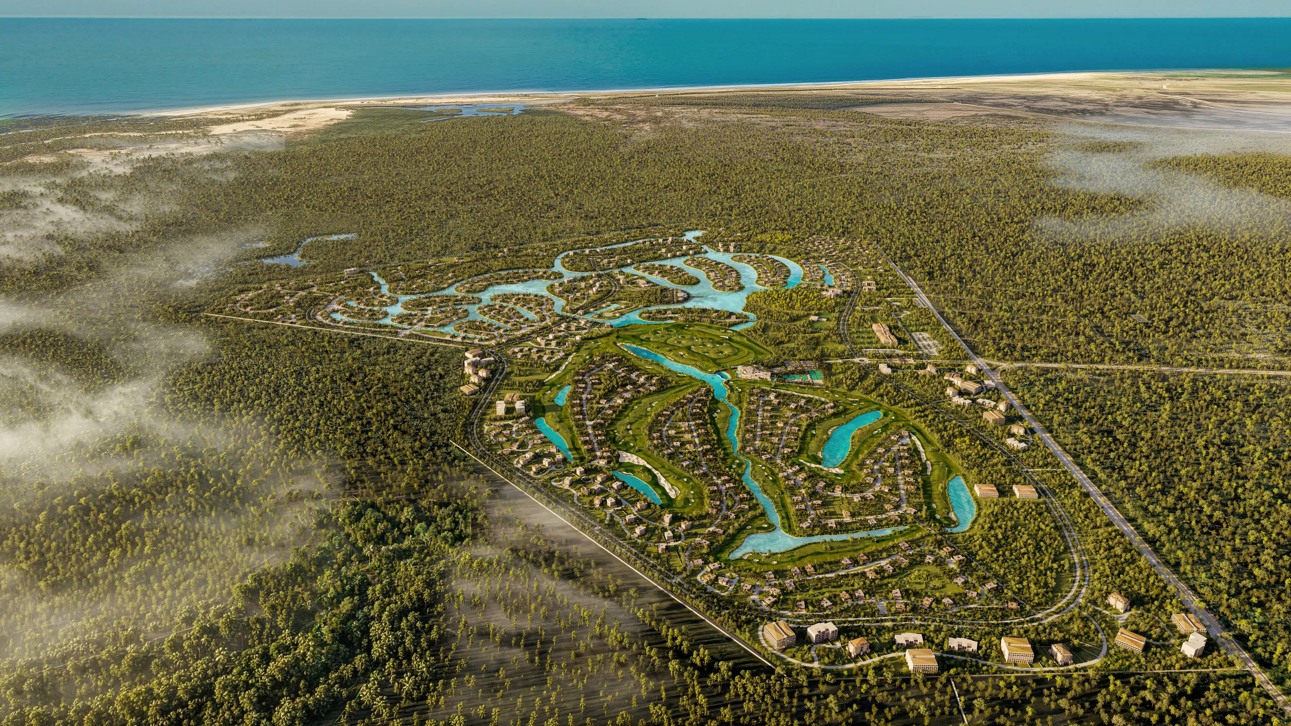 Render aéreo oficial del plan maestro completo de Country Lakes, sin recorte